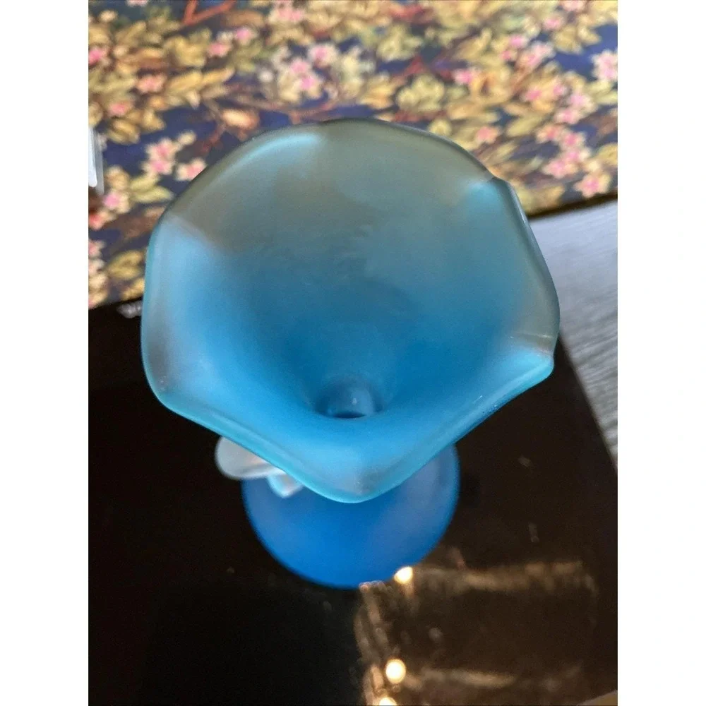 Vintage Peacock Blue Satin Glass 8 Inch High Bud Vase With Frosted Handle